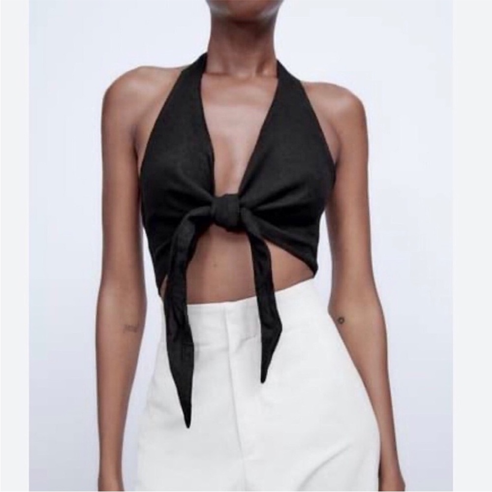 NWT! Zara Linen Halter Top in Black | Size XS
